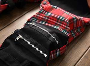 Pantalon en jean à carreaux rouge, Patchwork Punk à fermeture éclair pour hommes, pantalon en jean crayon Y2K, <span class=keywords><strong>boucle</strong></span> Hip Hop gothique, pantalon en Denim Slim - Product Image 4