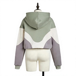 Sweat-shirt court en tricot à capuche color block pour femme, avec fermeture éclair et épaules tombantes, style décontracté automne - Product Image 5