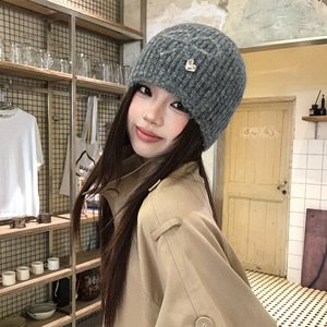 Bonnet en laine tricoté style coréen gris beige chaud automne hiver pour femme, décontracté, effet amincissant pour le visage, cache-oreilles - Product Image 2