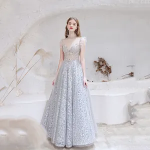 hot sale Beauty Modern Breathable Sleeveless Shiny Sexy V Neck Backless Luxury Light Grey Lace Sequin Long Evening Dress