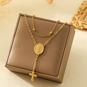 Collar Sagrado <span class=keywords><strong>Lumina</strong></span>: Doble Capa 18K Verdigris Madonna Cruz y Rosario Cuentas en Cadena de Acero Quirúrgico Joyería Apilable Católica - Product Image 1