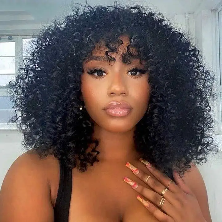 Uniky Wholesale Brazilian Short Kinky Curly Bob Human Hair Wig for Black Women Natural Color Virgin Remy Fringe Curly Bob Wig