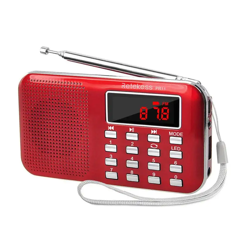 Penyetelan Digital portabel merah, FM AM Radio dengan pemutar musik MP3 senter Retekess PR11