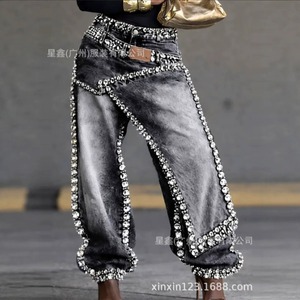 Nuovi Pantaloni Larghi in Denim di Cotone con Strass Pesanti e Strati Scomponibili 2026, Pantaloni a Vita Alta Asimmetrici Avant-Garde - Product Image 2