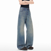 Pantalon décontracté pour homme en denim délavé de style américain rétro, taille haute, coupe droite ample et jambe large, extensible, de haute qualité