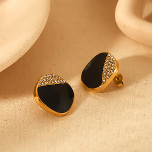 Geometric Rhinestone <b>Stud</b> <b>Earrings</b> <b>Black</b> Gold Plated 18K Stainless Steel Bezel Setting For Women Fashion Jewelry - Product Image 1