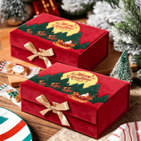 Boîte cadeau de Noël pliable en velours rouge de luxe avec couvercle magnétique, motif traîneau du Père Noël, boîte pliable pour vin, emballage de Noël