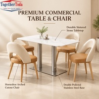 Ensemble de salle à manger commercial moderne avec banquette incurvée, table à manger, chaises, aspect marbre en pierre frittée, cuir PU pour restaurant