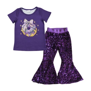 GSPO2160 RTS Ensemble pour fille, imprimé petite fille active, nœuds violets, imprimé beignets, pantalon à paillettes assorti, vente en gros pour enfants, ensemble fille enfant - Product Image 3