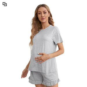 Pyjama d'allaitement solide pour femmes enceintes, 2 pièces, vêtements de maternité d'été, pyjama en bambou - Product Image 3