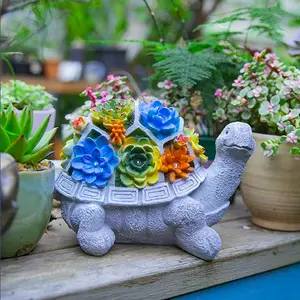 다육 식물 및 7 LED 조명과 태양 정원 야외 동상 거북이 파티오 발코니 마당 잔디 정원 장식을위한 공예 장식
