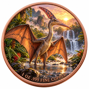 Moneda <span class=keywords><strong>de</strong></span> Cobre Fino 999 <span class=keywords><strong>de</strong></span> 1 oz, Pterosaurio del Periodo Jurásico, Relieve 3D, Color UV, Efecto <span class=keywords><strong>de</strong></span> Prueba, Rey <span class=keywords><strong>de</strong></span> los Dinosaurios, Arte en Metal - Product Image 1