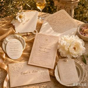 Ensemble de cartes d'invitation de mariage personnalisées avec enveloppe, monogramme gaufré pêche, sceau doré, menu en vellum et dossier - Product Image 1