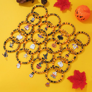 Halloween Cartoon Pendant <b>Bracelet</b> Zinc Alloy Unisex Gift Jewelry Orange Black Striped <b>Beaded</b> <b>Bracelet</b> With Pumpkin Skull Charm - Product Image 2