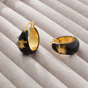 Pendientes de Aro de Estilo Francés de Alta Gama, Chapados en Oro de 22K, con Esmalte Negro, Pendientes de Aro Circulares con Efecto de Goteo de Aceite Vintage para Niñas, Regalos para Fiestas - Product Image 4