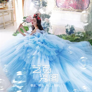 Blue Dream Princess Ball Gown Strapless Empire Waist Tulle Wedding Dress Studio Photography Outfit - Product Image 1