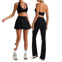 Ensemble de yoga 4 pièces personnalisé et respirant : pantalon évasé, soutien-gorge de sport push-up, caraco, leggings taille haute, jupe de sport avec cordon de serrage