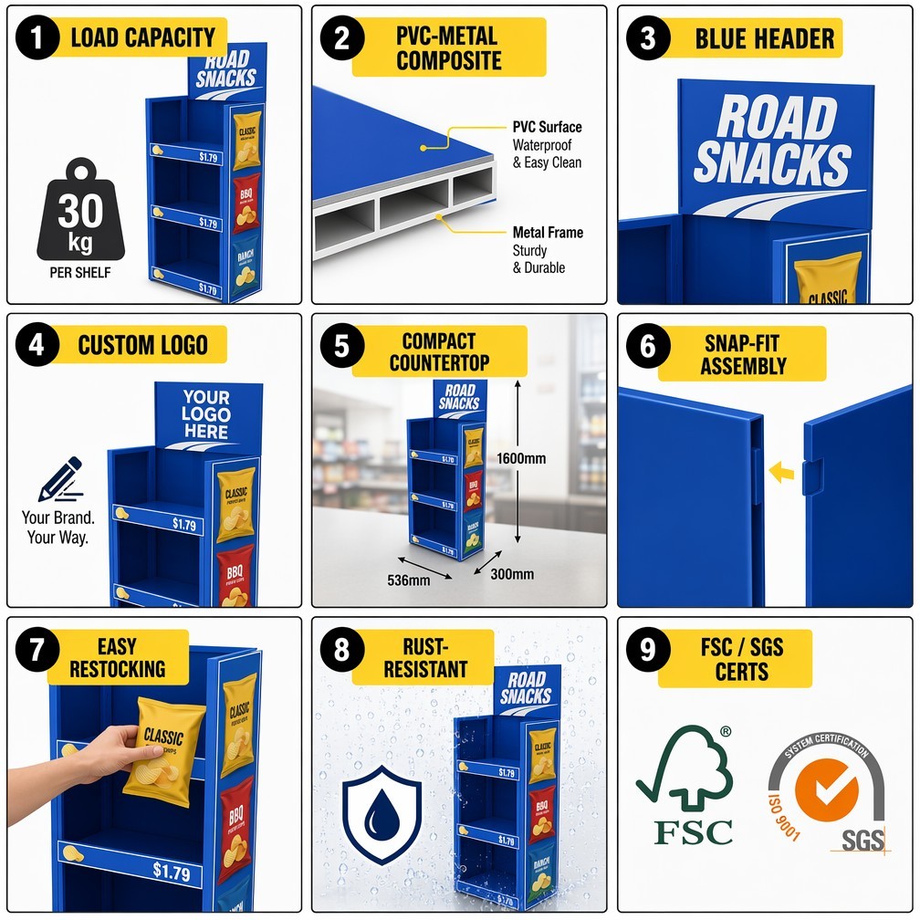 Apache Custom Chip Display Rack 4-Way 4-Tier Metal Snack Merchandiser Knock Down Rotating Stand for Gas Station OEM ODM — view 5