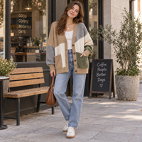 Cardigan en tricot surdimensionné à col en V pour femme, avec blocs de couleur et poches, personnalisable en gros, OEM ODM, faible MOQ