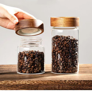 Pot de stockage en verre en bois d'acacia Bouteille scellée en verre de qualité alimentaire pour la cuisine pour les <span class=keywords><strong>feuilles</strong></span> de thé séchées Mandarine Peler le stockage des aliments - Product Image 1