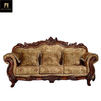 Canapé Européen Classique de Style Antique en Bois Massif Sculpté, Meuble de Salon de Villa avec Revêtement en Tissu et Rembourrage en Éponge