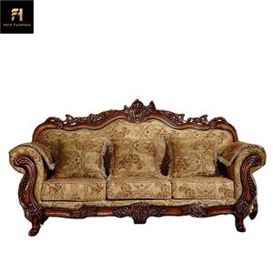 أريكة بنمط أوروبي كلاسيكي عتيق منحوتة من الخشب الصلب وقماش فني، أثاث لغرفة معيشة الفلل بحشوة من الإسفنج - Product Image 6