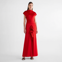 Gaun Maxi Formal Wanita Merah dengan Kerah Draped, Lengan Pendek, Pinggang Berkerut, dan Bagian Depan Draped untuk Acara Spesial