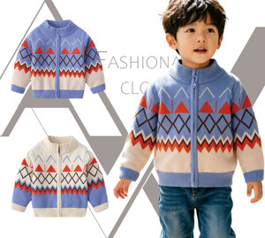 Pull cardigan personnalisé pour bébé garçon, automne-hiver, vêtements en coton, motif géométrique, jacquard, tricoté à la machine, sweat-shirt - Product Image 1