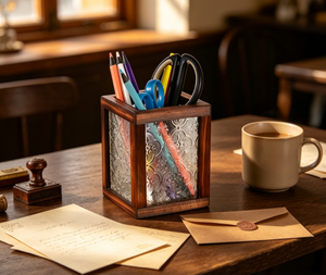 Organizador de Escritorio Multifuncional de Madera Maciza con Vidrio Grabado con Diseño de <span class=keywords><strong>Begonia</strong></span>, Caja de Almacenamiento para Brochas de Maquillaje, Estilo Retro - Product Image 3