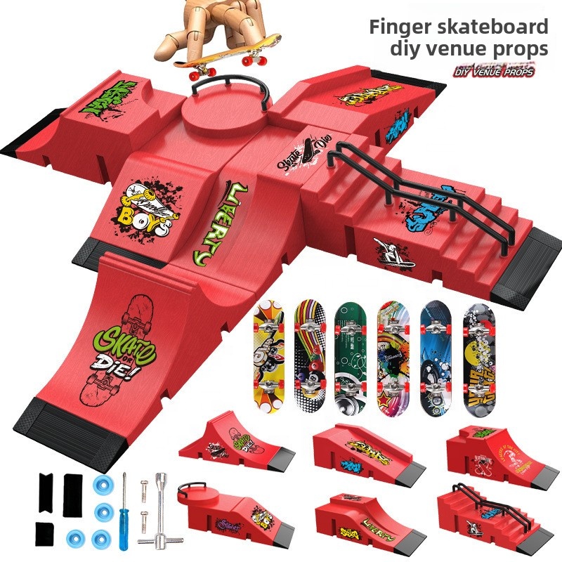 Parc d'accessoires 6-en-1 rouge avec 6 planches à roulettes.