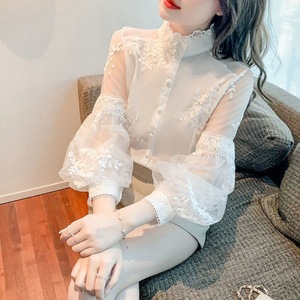 <span class=keywords><strong>Blusa</strong></span> <span class=keywords><strong>blanca</strong></span> Coreana de moda para mujer, Blusas de gasa con cuello levantado, blusas de <span class=keywords><strong>encaje</strong></span> con volantes de <span class=keywords><strong>manga</strong></span> <span class=keywords><strong>larga</strong></span>, blusas elegantes Vintage para mujer - Product Image 2