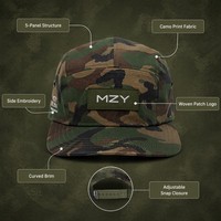 Casquette 5 panneaux sportive en sergé de coton, style Oxford camouflage, avec logo patch tissé, réglable, personnalisable en usine OEM, vente en gros