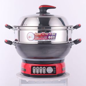 Stainless Steel <b>Electric</b> Hot Pot 32-40 Cm With <b>Steamer</b> And Frying Function Knob Control Red Color - Product Image 1