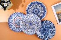 Assiettes en céramique bleues à motifs bohèmes, vente en gros, décoratives, peintes à la main, en porcelaine, pour hôtel, restaurant, maison