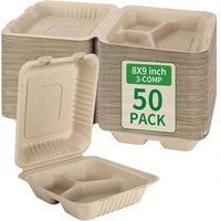 Yuanyi Lot de 50 Boîtes à Déjeuner Compostables à 3 Compartiments 8x9 Pouces avec Couvercle, Contenants Alimentaires Jetables Écologiques