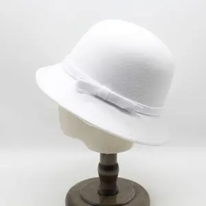 Wholesale Classic Bucket Hat Elegant Women Lady White Wedding Church Cloche Hats with matching ribbon bow