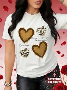 T-shirt da donna a maniche corte per San Valentino, stampa leopardata con cuore, girocollo, top casual in cotone traspirante e leggero - Product Image 3