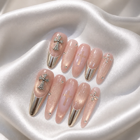 Ongles magnétiques scintillants effet œil de chat, faits main, réutilisables, design croix argentée 3D, ongles de luxe pour la vente en gros