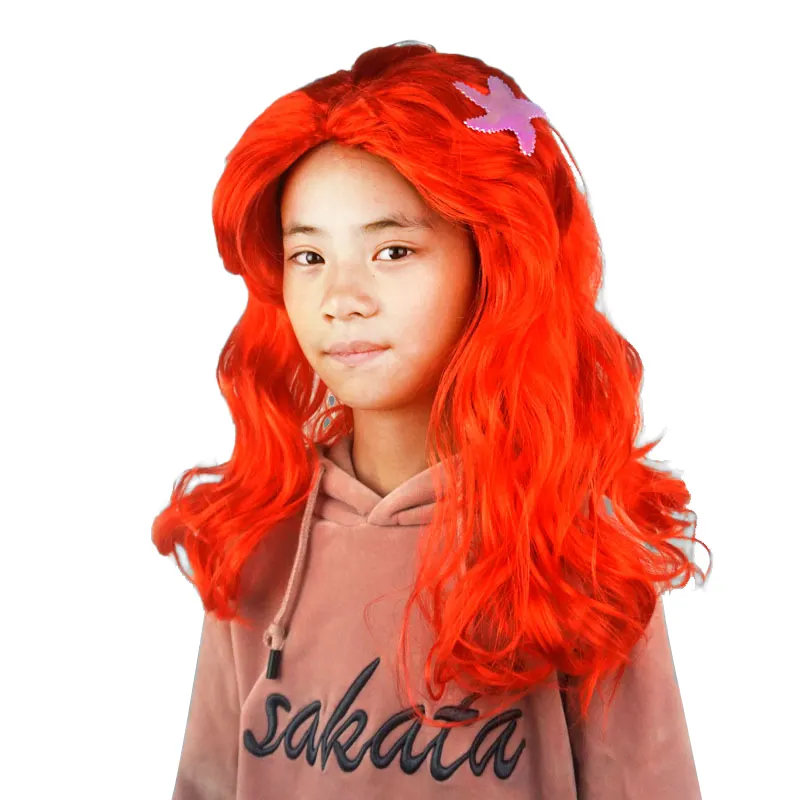 Kids Mermaid Wig With Starfish Hair Clips Girls Red Mermaid Wig Curly Wave Wig For Halloween Costume