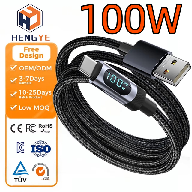 Braided Usb Type-c Data Cable 1m/2m/pd Type c Super Fast Charging 100w 2m 5a Usb c to Usb c Cable with Led Display