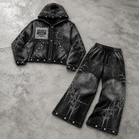 Ensemble sweat à capuche et jean large gris et noir pour homme, style streetwear, avec motif lignes abstraites et détails rivets OEM ODM