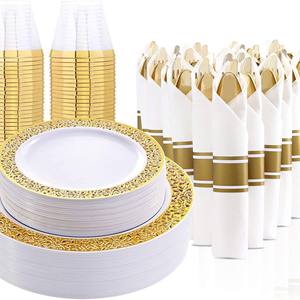 Juego de vajilla de plástico desechable de 175 piezas, vajilla para fiesta de boda y cumpleaños, incluye cuchillo, tenedor, cuchara, Taza y plato, muestra gratis - Product Image 1