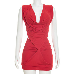 Abito Mini Elegante Senza Maniche con Scollo a V in Tinta Unita, Stile Sexy e Alla Moda - Product Image 3
