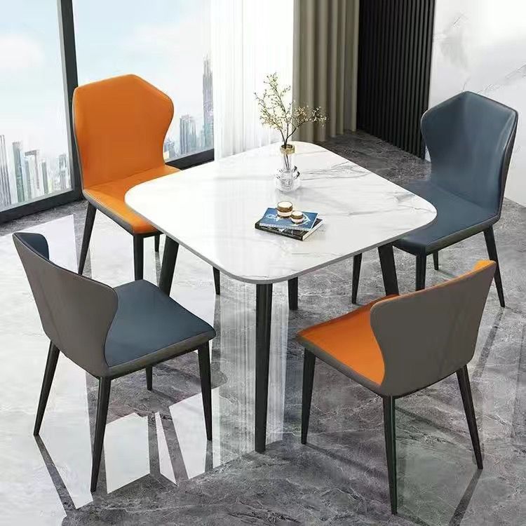 Two-tone chairs and white marble slab table [gloss finish]