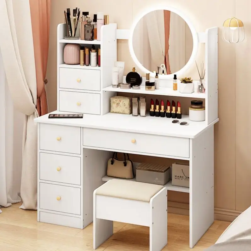 MR Bedroom Furniture Glass Mirrored Vanity Makeup Table Beauty Salon Cosmetic Dressing Table With Lights Around Mirror