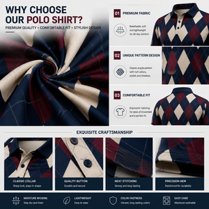 Custom Logo Argyle Golf <b>Polo</b> <b>Shirts</b> for <b>Men</b> Navy <b>Burgundy</b> Diamond Print Short Sleeve Private Label OEM ODM Manufacturer - Product Image 3