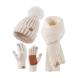 Mesdames Femmes Epais Côtelé Tricoté Doux Faux Fourrure Pompon Bonnet Echarpe Telefingers Gants Set 3 Pack Winter Hat <span class=keywords><strong>Snood</strong></span> Mitts Suit - Product Image 1