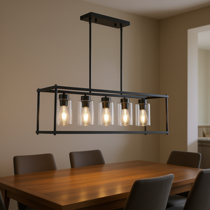 Lustre rectangulaire moderne à 5 lumières, structure en fer noir, abat-jour en verre transparent, luminaire suspendu pour salle à manger - Product Image 2