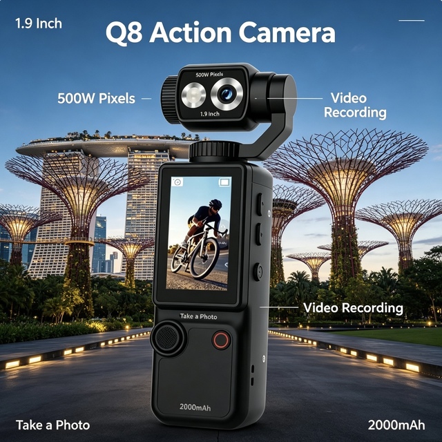 Wholesale Higher Quality Q8 4K Pocket Action Camera 500W Pixel 2000mAh 180° Rotatable Lens 1.9 Inch LCD Screen Vlog Camcorder
