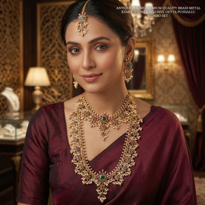Conjunto de Collar, Pendientes y Anillo de Novia Largos, Estilo Templo del Sur de la India, Chapado en Oro de Alta Calidad, Perlas de Imitación, Estilo Vintage para Boda - Product Image 3